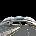 Modern Landscape Bridge With Curved White Structure And Underlying Road Guardrails