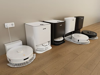 Assorted Household Appliances Including Robotic Vacuums In White And Black Designs 3d model