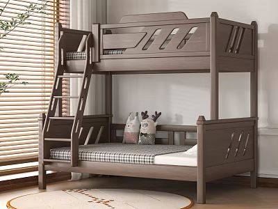 Wooden Bunk Bed With Ladder Guardrails And Plaid Bedding In Kids Room 3d model