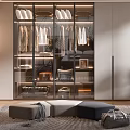 Modern Walk in Closet Interior With Glass Door Wardrobes Hanging Clothes Open Shelves And Rug
