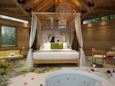 Hotel Room with Canopy Bed Green Cushions Wooden Walls Petal Bathtub and Natural Views 3d model