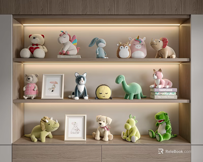 Plush Stuffed Dolls Featuring Unicorn Rabbit Dinosaur On Wooden Shelf With Warm Lighting 3d model 