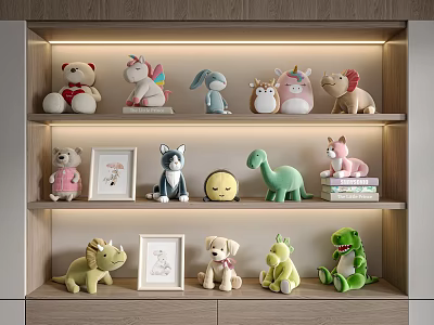 Plush Stuffed Dolls Featuring Unicorn Rabbit Dinosaur On Wooden Shelf With Warm Lighting 3d model