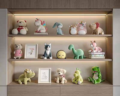 Plush Stuffed Dolls Featuring Unicorn Rabbit Dinosaur On Wooden Shelf With Warm Lighting 3d model