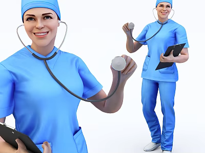 Woman Doctor Wearing Blue Scrubs Surgical Cap Holding Stethoscope and Clipboard 3d model