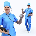 Woman Doctor Wearing Blue Scrubs Surgical Cap Holding Stethoscope and Clipboard