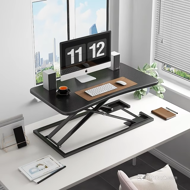 Functional Adjustable Standing Desk with Monitor Keyboard Coffee Cup and Potted Plant in Home Office 3d model 