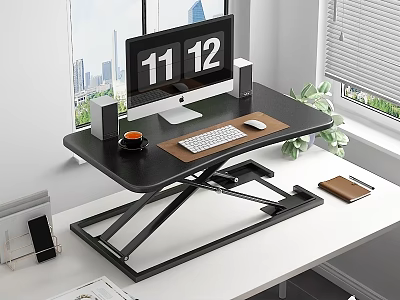 Functional Adjustable Standing Desk with Monitor Keyboard Coffee Cup and Potted Plant in Home Office 3d model