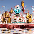 Smart Machines Blue Yellow Robots With Mechanical Structures Colorful Square Patterns Sky Clouds And K66 3d model