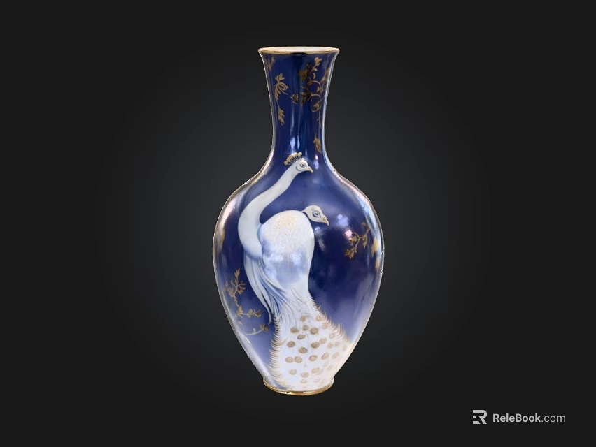 Elegant Blue Ceramic Vase With Golden Peacock Pattern And Ornate Design 3d model 