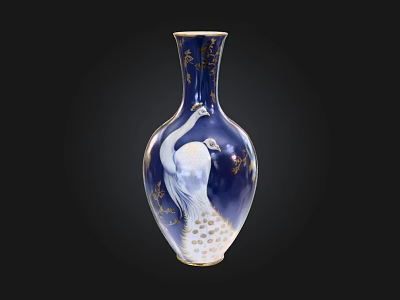 Elegant Blue Ceramic Vase With Golden Peacock Pattern And Ornate Design 3d model