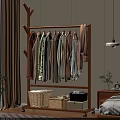 Wooden Clothes Rack With Hanging Clothes Woven Baskets And Storage Boxes In Cozy Home