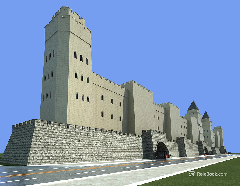 Ancient Architecture With Tall Towers Stone Brick Structure Arched Entrance Under Blue Sky 3d model 