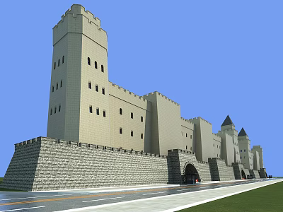 Ancient Architecture With Tall Towers Stone Brick Structure Arched Entrance Under Blue Sky 3d model