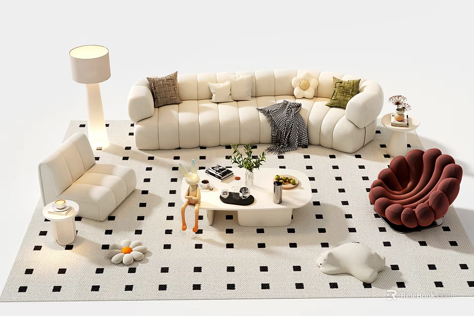 Modern Sofa And Coffee Table Set With Plush Cushions Geometric Rug And Side Lamp 3d model 