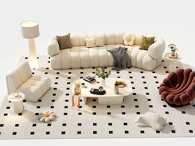 Modern Sofa And Coffee Table Set With Plush Cushions Geometric Rug And Side Lamp 3d model