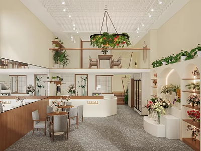 Elegant Modern Store Interior Design With Hanging Green Plants Display Shelves And Dining Tables 3d model