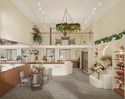 Elegant Modern Store Interior Design With Hanging Green Plants Display Shelves And Dining Tables 3d model