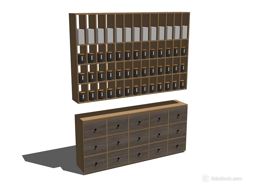 Wooden Display Cabinets with Multiple Small Compartments and Shelves with Drawers 3d model 