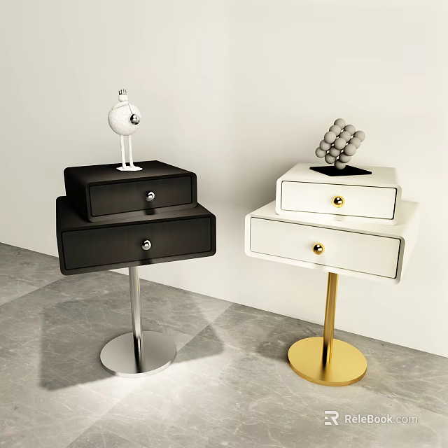 Black and White Nightstands with Silver and Gold Bases Drawers Decorative Sculpture and Ball Decor 3d model 