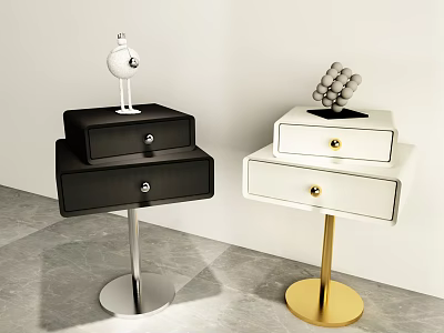 Black and White Nightstands with Silver and Gold Bases Drawers Decorative Sculpture and Ball Decor 3d model