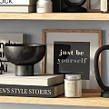 Decorative Ornament Collection With Sculptures Books Frames On Wooden Shelves