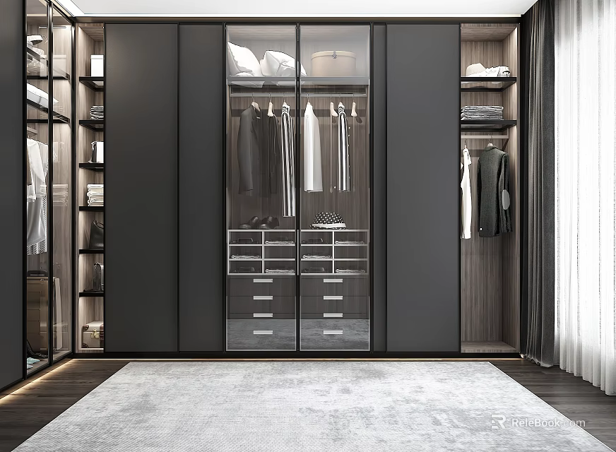 Modern Walk in Closet Interior With Black Cabinets Glass Doors Hanging Clothes Drawers And Rug 3d model 