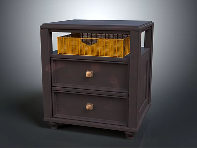 Classic Dark Wood Nightstand With Two Drawers Metal Handles And Top Woven Basket 3d model