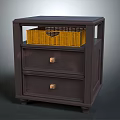 Classic Dark Wood Nightstand With Two Drawers Metal Handles And Top Woven Basket