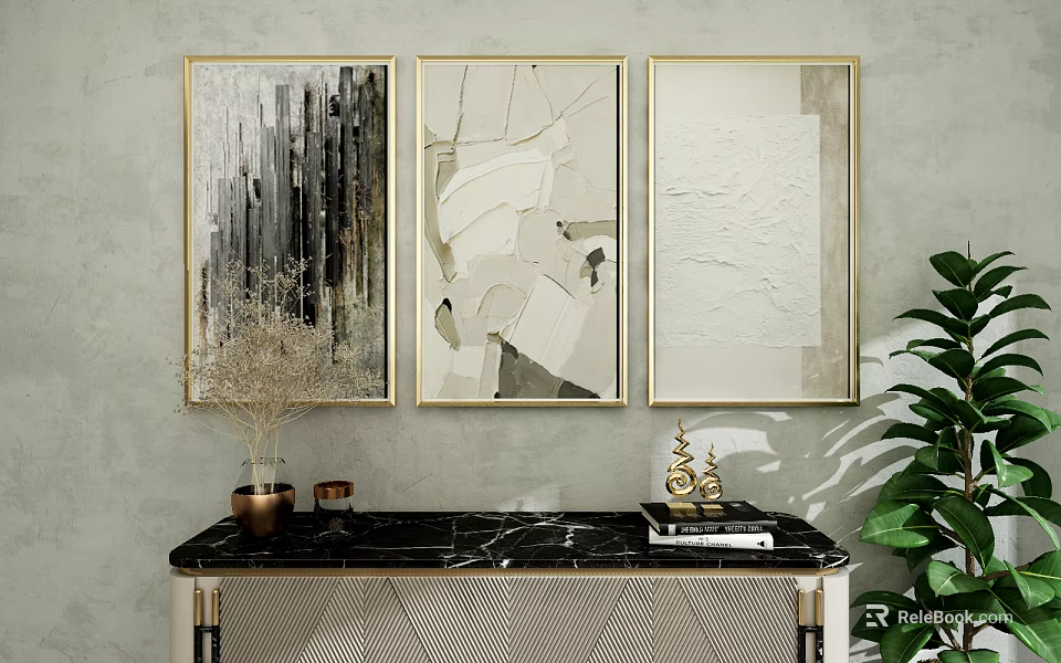 Modern Decorative Wall Art With Three Framed Paintings On Black Marble Console Table 3d model