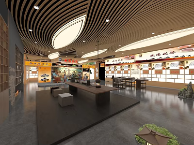 Traditional Exhibition Hall Interior With Wooden Ceiling Display Platforms And Chinese Signage 3d model