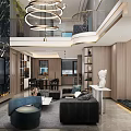 Modern Duplex Living Room With High Ceiling Staircase Sofa Armchair And Chandelier