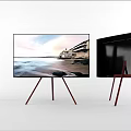 Curved and Flat Screen TVs on Red Tripod Stands with Scenic Display Features