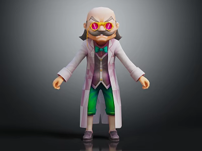 Cartoon Scientist With Bald Head Pink Sunglasses White Lab Coat Purple Vest And Green Pants 3d model