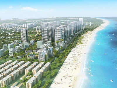 Scenic Seaside City With High Rise Buildings Sandy Beach And Ocean View 3d model