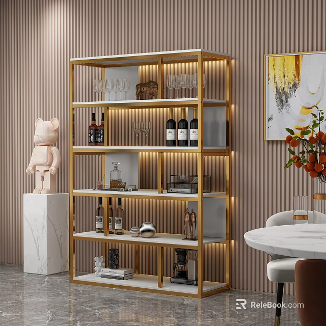 Modern Gold Frame Shelving Unit With LED Lighting Displaying Wine Bottles Glassware Against Striped Wallpaper 3d model 