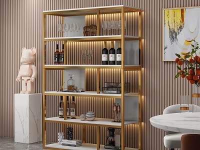 Modern Gold Frame Shelving Unit With LED Lighting Displaying Wine Bottles Glassware Against Striped Wallpaper 3d model