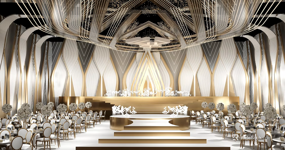 Elegant Banquet Hall With Ornate Ceiling Golden Decor Stage And Floral Arrangements 3d model 