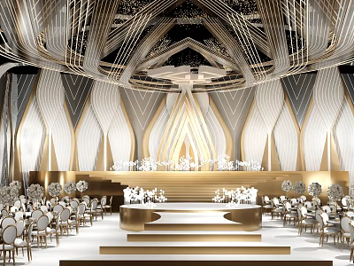 Elegant Banquet Hall With Ornate Ceiling Golden Decor Stage And Floral Arrangements 3d model