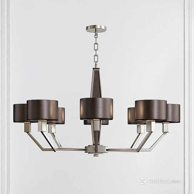 Modern Chandelier With Dark Fabric Shades Silver Metal Frame And Chain Suspension 3d model 