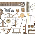 Traditional Agricultural Equipment Collection Featuring Windmill Wooden Plow Baskets and Sieves
