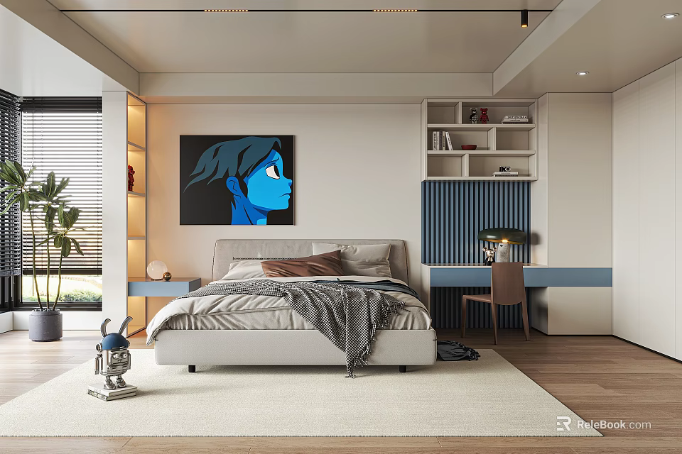 Modern Bedroom Interior Design With Gray Bedding Wall Painting Bookshelf And Desk 3d model 