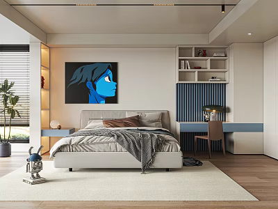 Modern Bedroom Interior Design With Gray Bedding Wall Painting Bookshelf And Desk 3d model