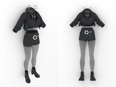 Black Cropped Jacket And Shorts Outfit With Fishnet Tights And Black Boots 3d model