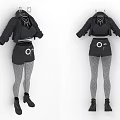 Black Cropped Jacket And Shorts Outfit With Fishnet Tights And Black Boots