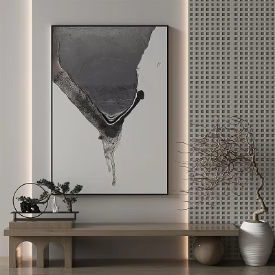 Black and White Ink Painting Wall Decor With Shelf Small Potted Plant Grid Pattern Branch 3d model