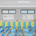Bright School Classroom With Blue Desks Chairs Smart Blackboard Yellow Lockers And Windows