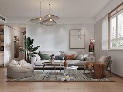 Modern Living and Dining Room Interior With Sofa Coffee Table Rug Pendant Lights And Plant 3d model