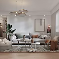Modern Living and Dining Room Interior With Sofa Coffee Table Rug Pendant Lights And Plant