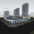 Modern Commercial Complex With High Rise Buildings Glass Facade And Urban Pedestrian Areas